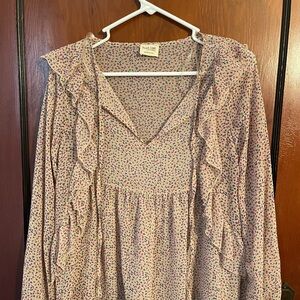 Peach Love California Pink Floral Ruffle V-Neck Tunic